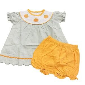 Abby & Evie Girls 4T Pumpkin Gingham Dress And bloomers Green NWT Fall